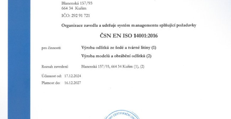 Jsme certifikování dle           iso 14001:2016